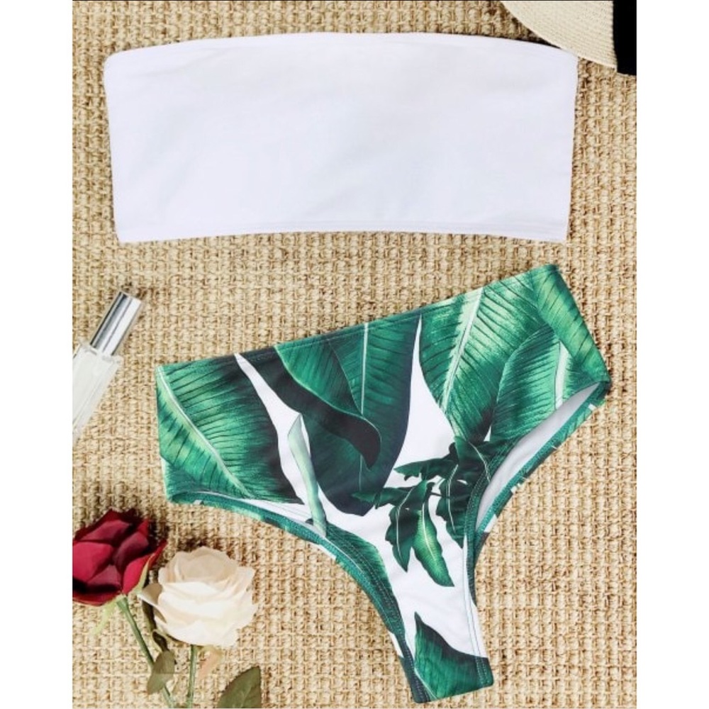 NWT ZAFUL LEAF PRINT HIGH WAISTED BANDEAU BIKINI S